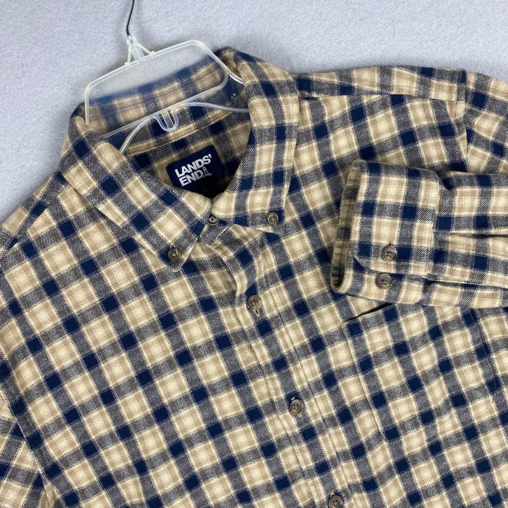 Lands End Mens Large Traditional Fit Navy Tan Plaid Cotton Flannel Shirt